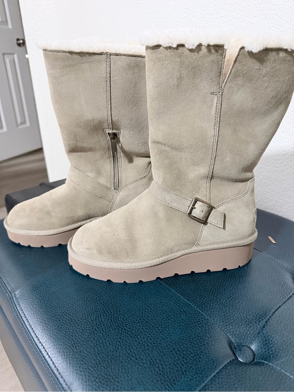 Koolaburra Beige Suede Shearling-Lined Ankle Boots